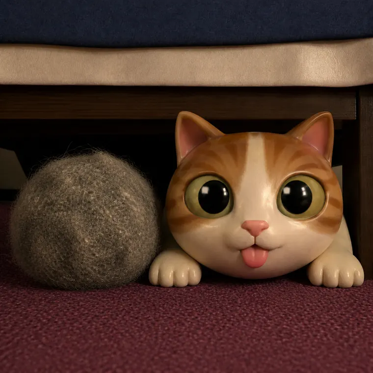 the kitten beside a huge ball of dust